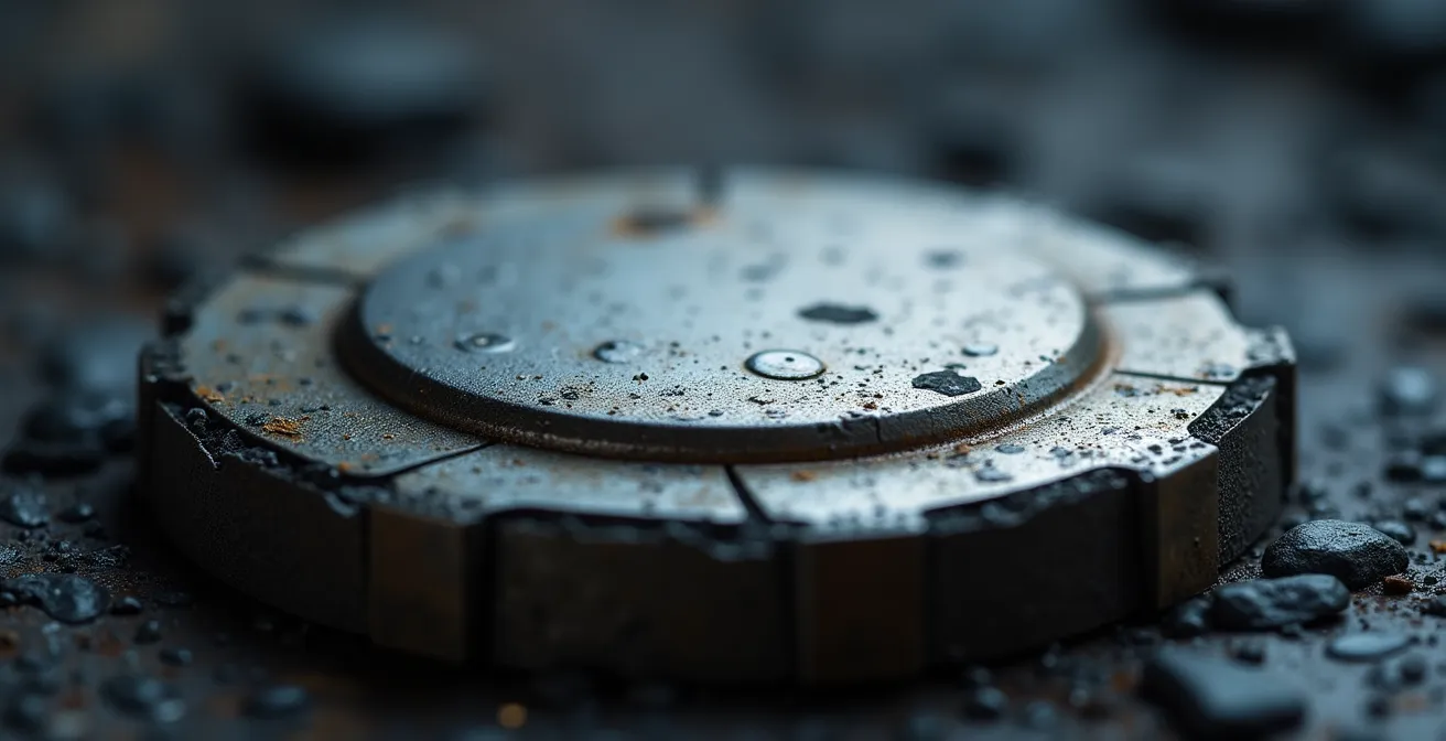 Vue macro d'une plaque de batterie montrant la texture du plomb