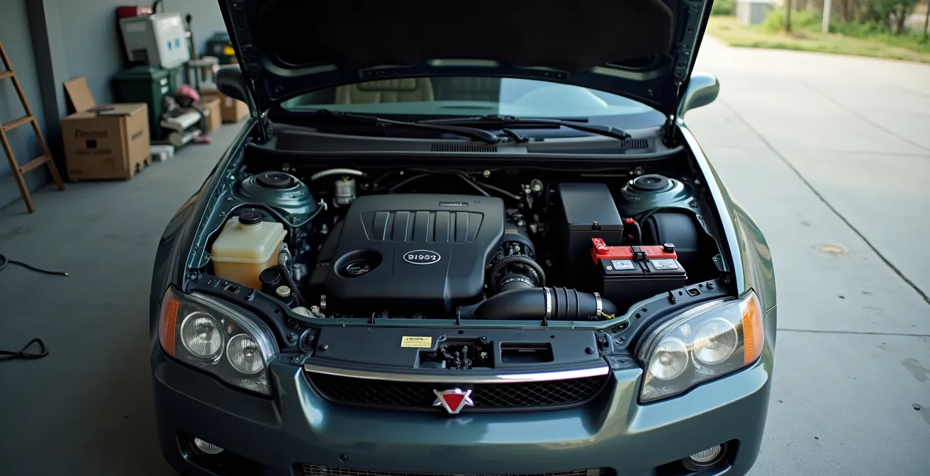 Vue large d'un compartiment moteur propre avec batterie visible