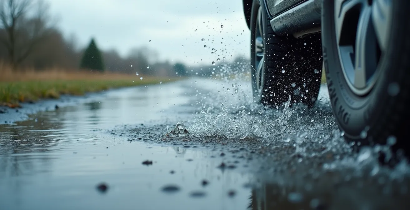 Vue latérale d'un pneu évacuant l'eau sur route mouillée